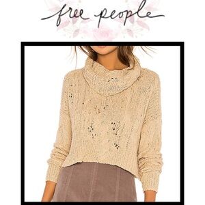 Free People Sweater Shades Of Dawn Cowl Neck Sz L Crop Slouchy Distress Tan #716